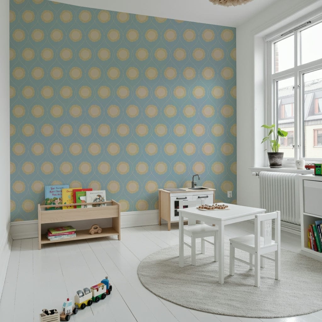 Beige sunburst shapes on a Dotted Diamonds wall covering.