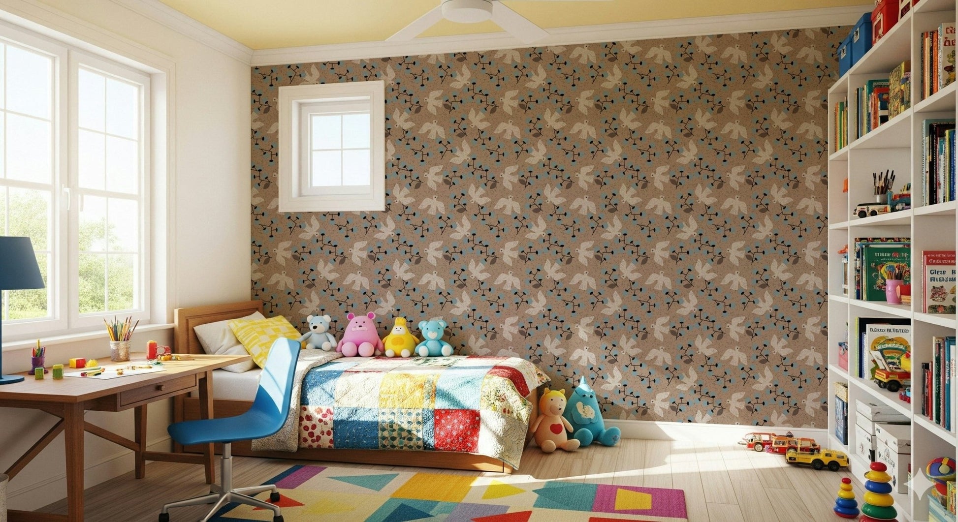 Stylish blue berry and bird wallpaper for an accent wall.