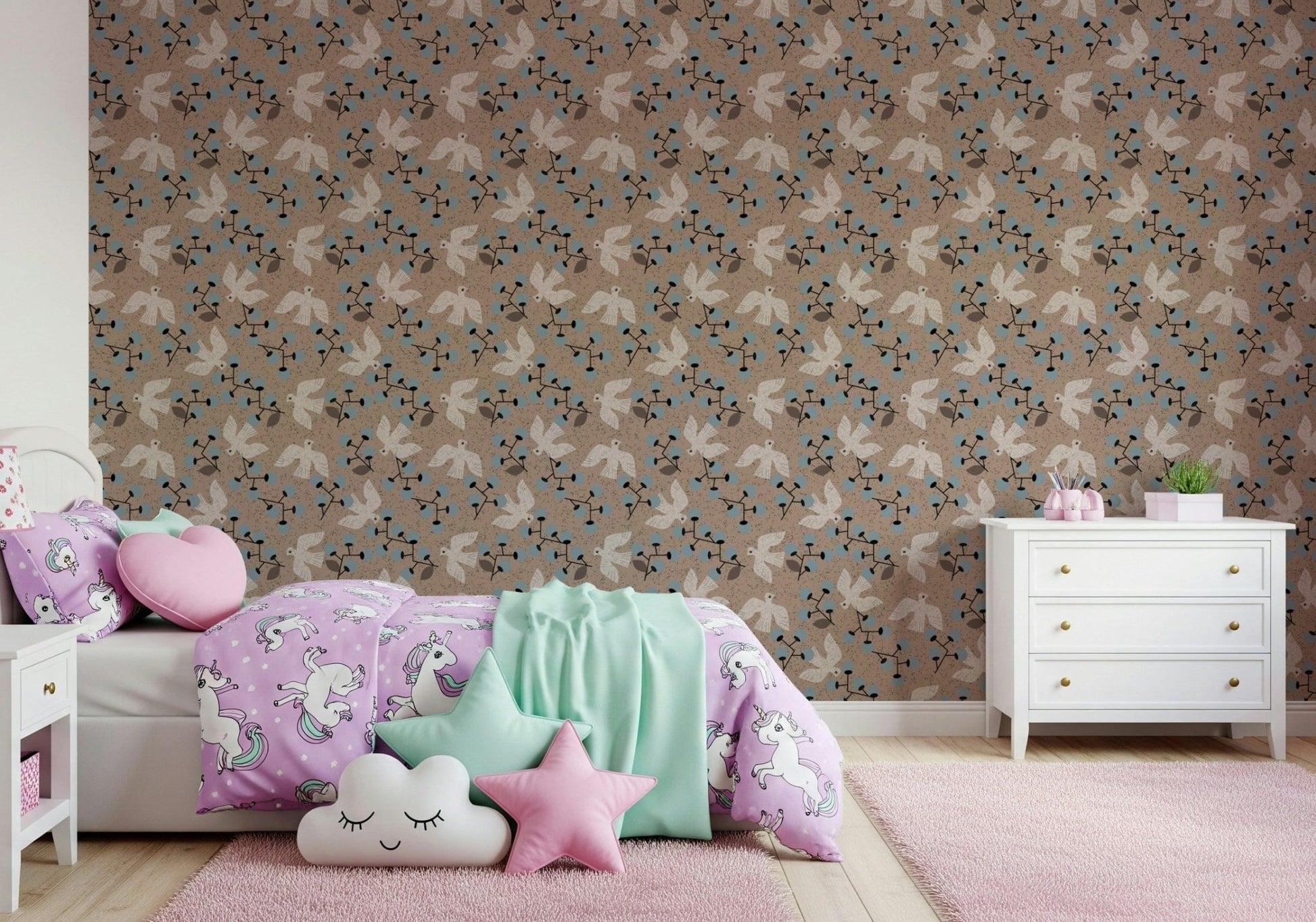 Repetitive taupe and blue foliage wallpaper for walls.