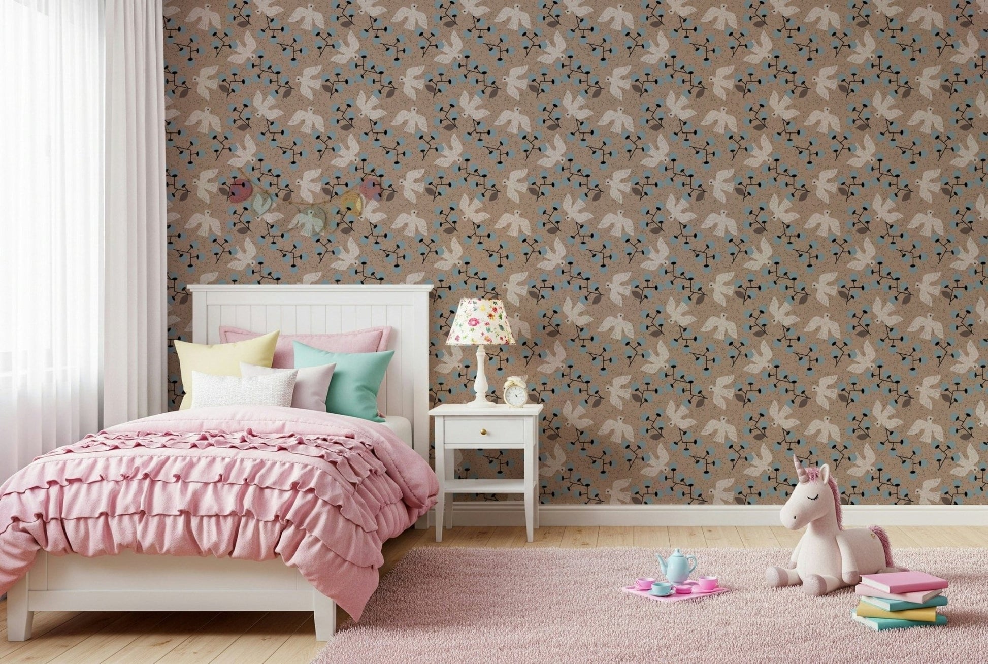 Flight pattern of birds and foliage design wallpaper texture.