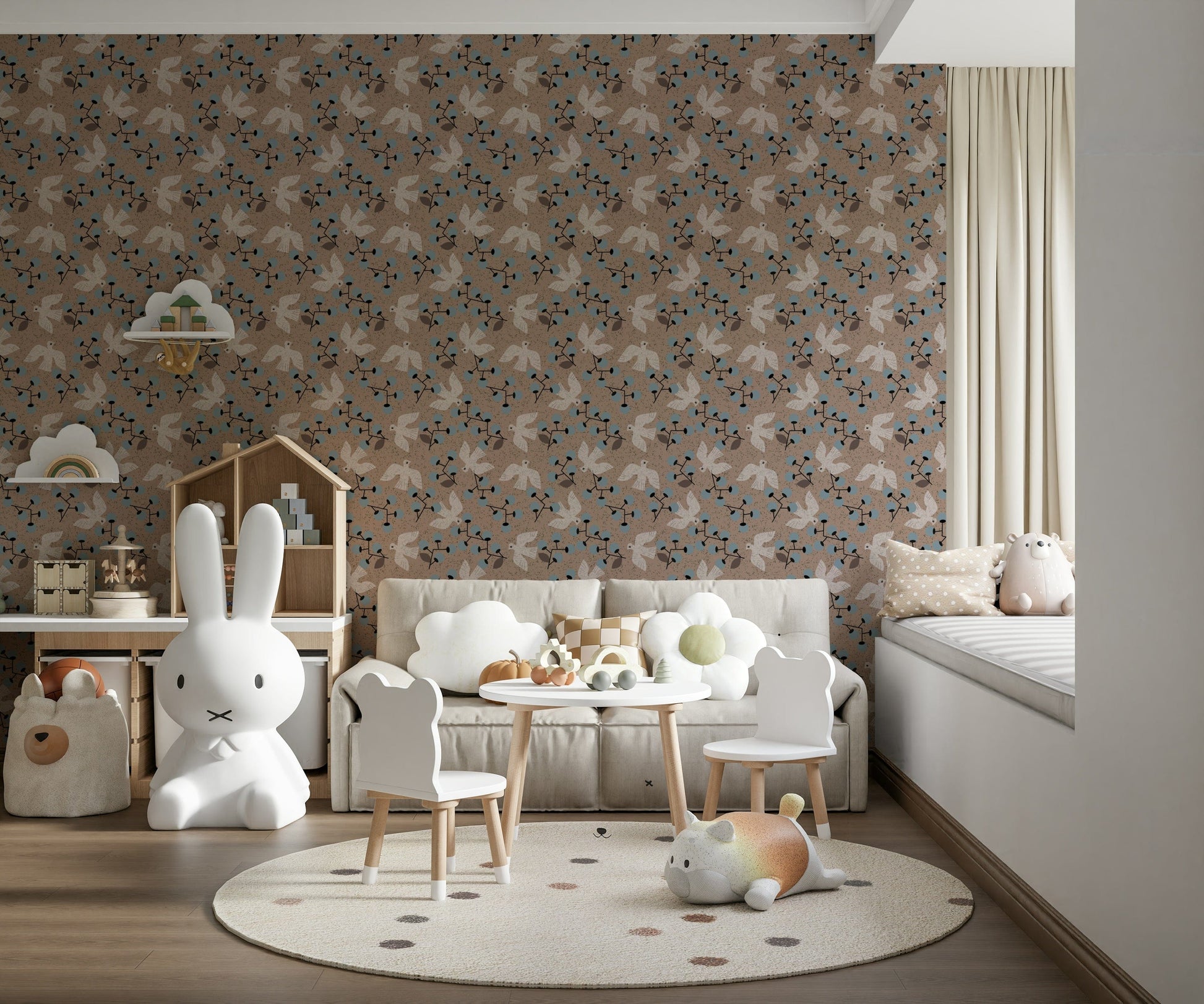 Beige repeating dove pattern Dove & Berry Delight wallcovering.