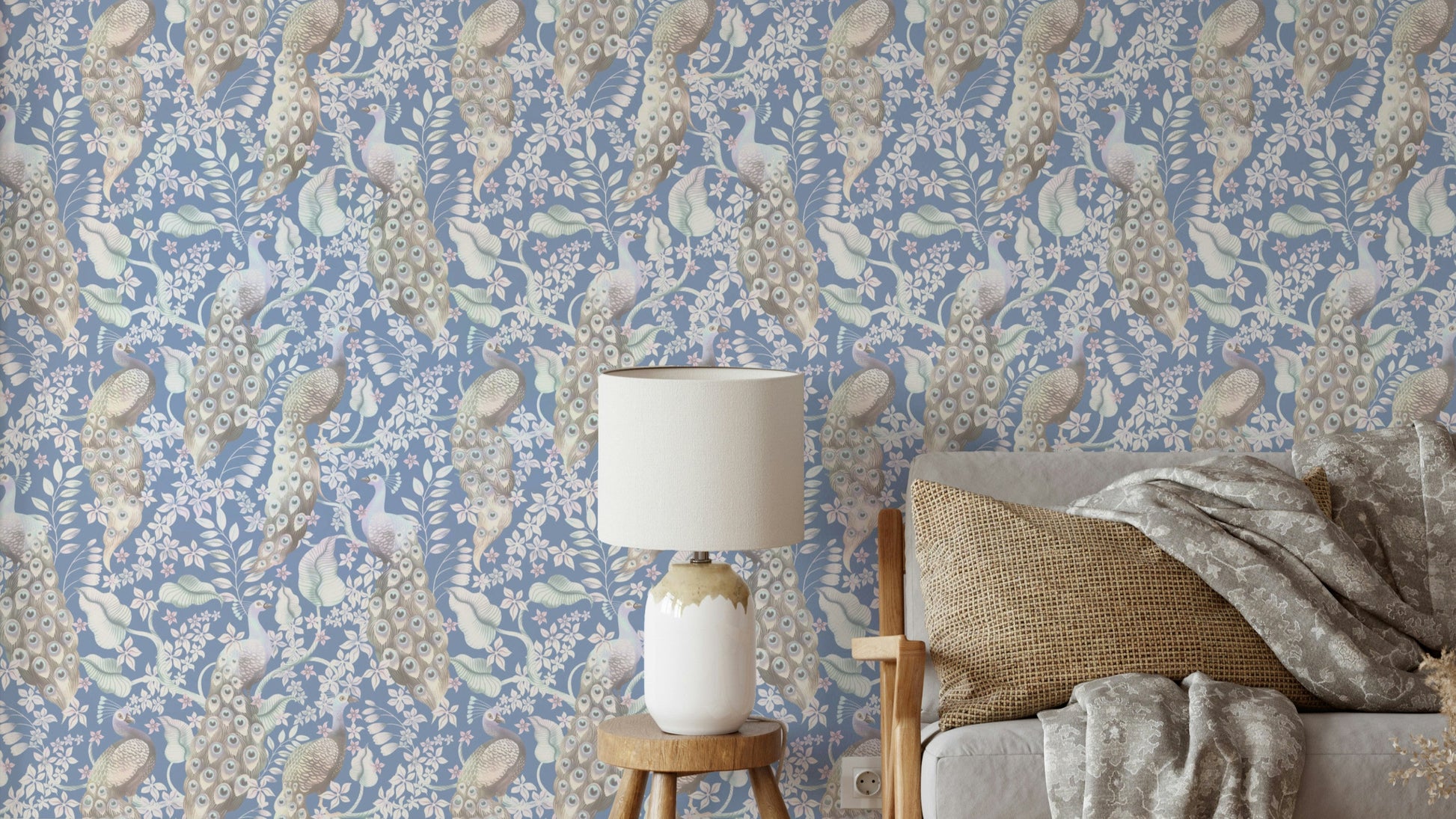 Dove blue wallpaper with elegant peacock design