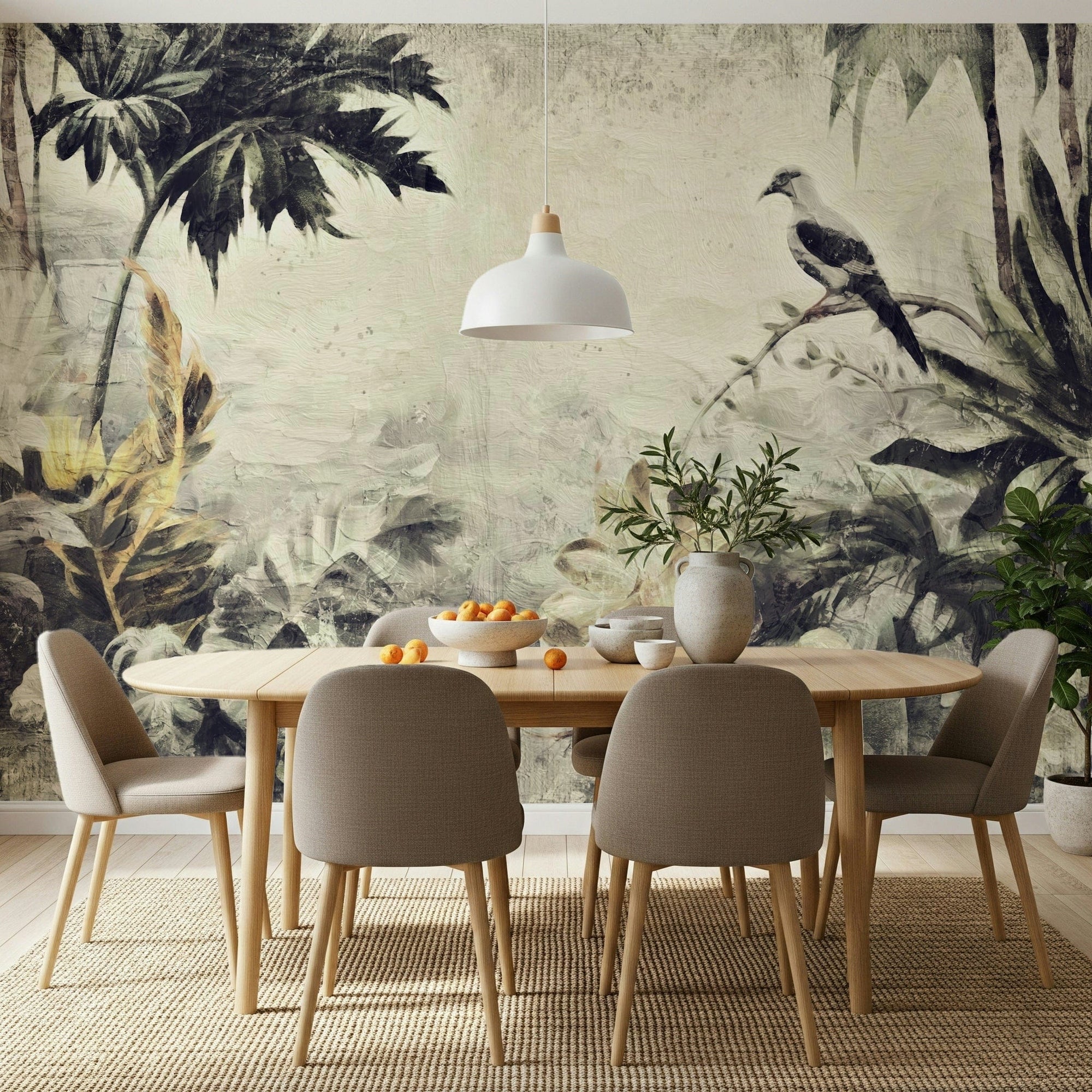 Painted Dove Haven wallpaper mural of a vintage jungle with a perched dove behind a light wood dining table and tan chairs