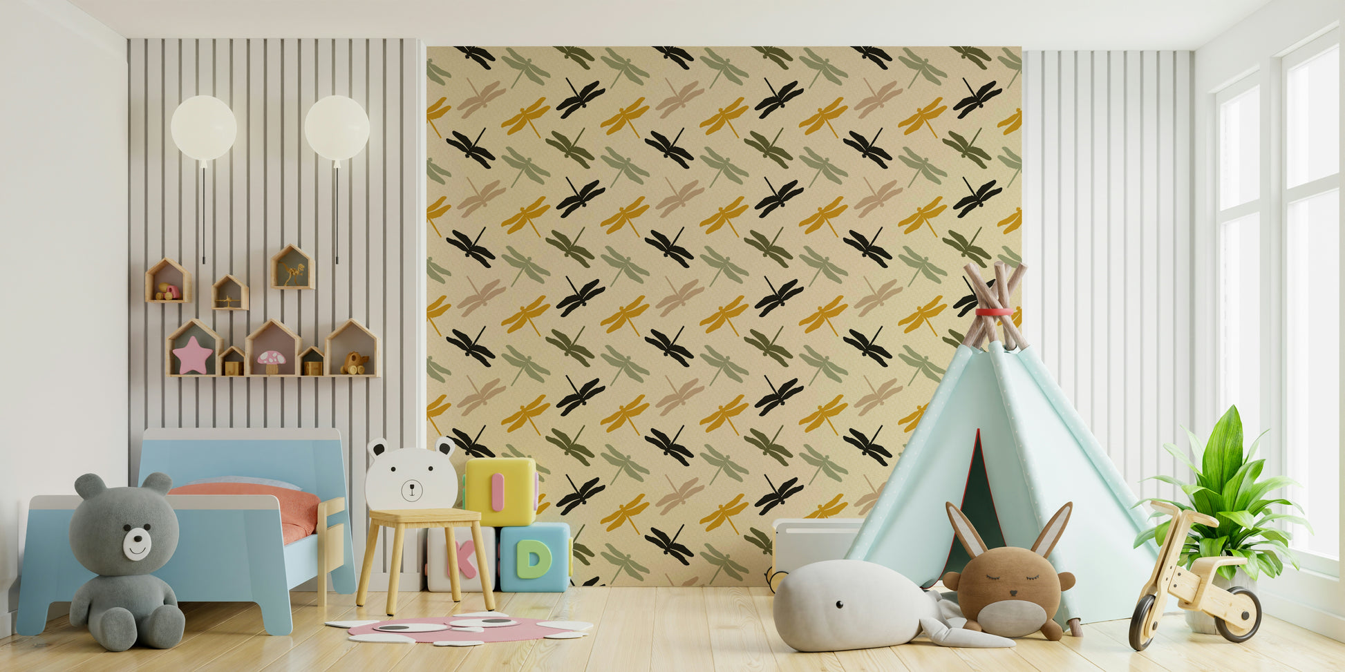 Botanical wallpaper with insects in flight

