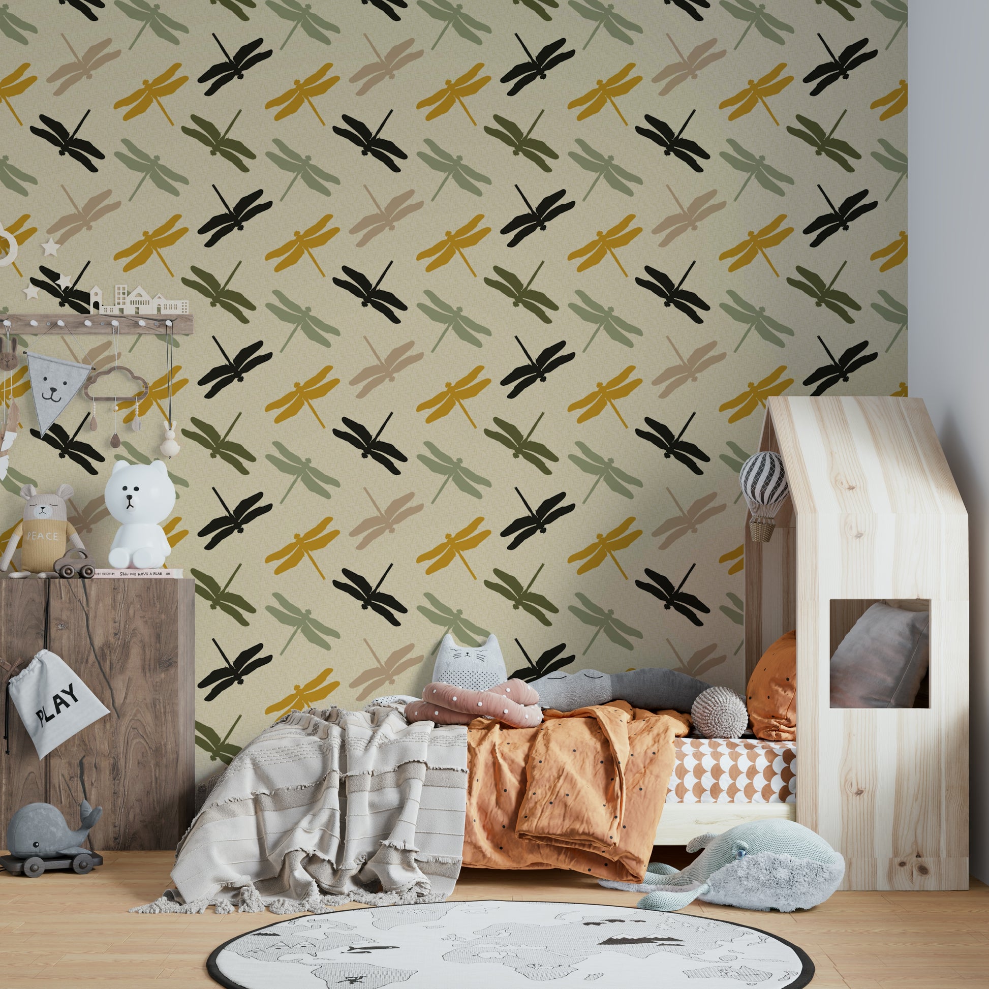 Mustard tone wallpaper with dragonfly pattern

