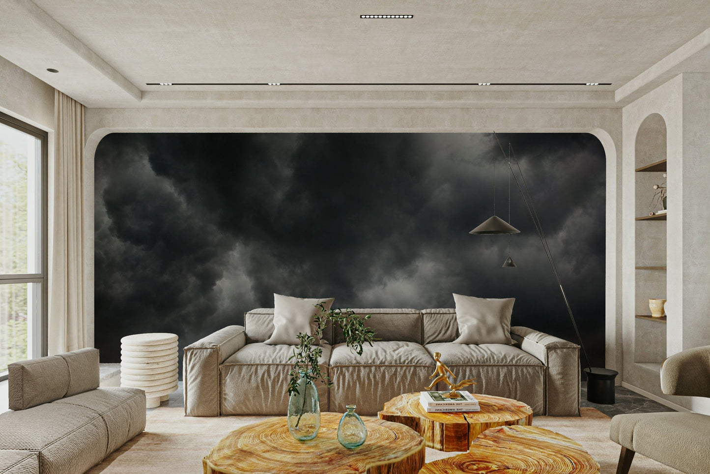 An artistic dark cloud mural on minimalist wallpaper.

