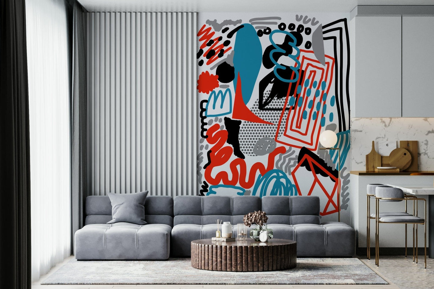Modern abstract wallpaper showcasing energetic strokes, dots, and geometric accents.