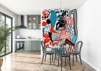 Expressive brush strokes and graphic doodles forming a lively abstract wallpaper design.