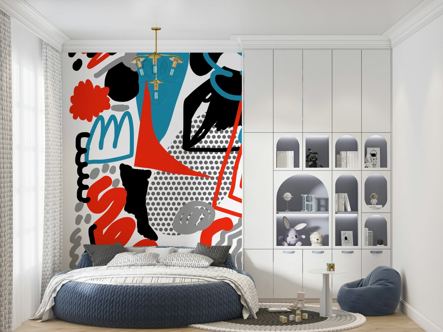 Graphic doodles and bold color splashes forming a striking modern abstract wallpaper.