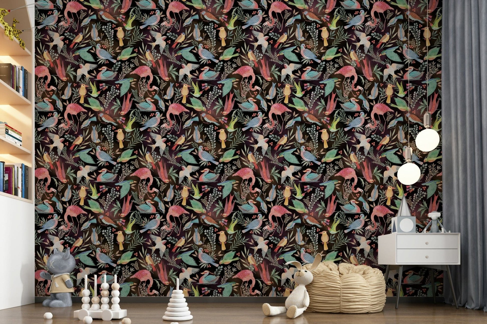 Dream Dark Birdwatcher's wallpaper of dark birds in a kids room with a beanbag, plush toys and globe pendants
