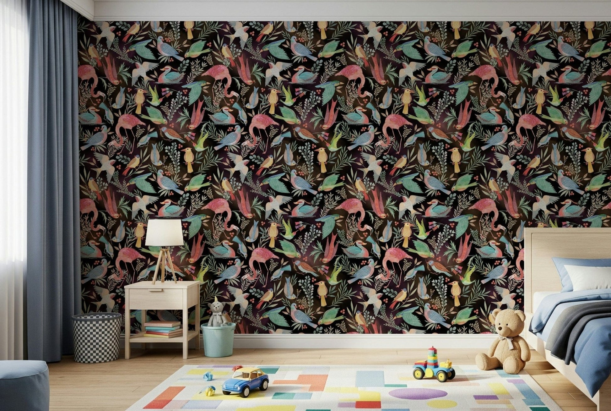 Dream Dark Birdwatcher's wallpaper of vivid birds behind a blue kids bed with a toy-car rug and teddy bear