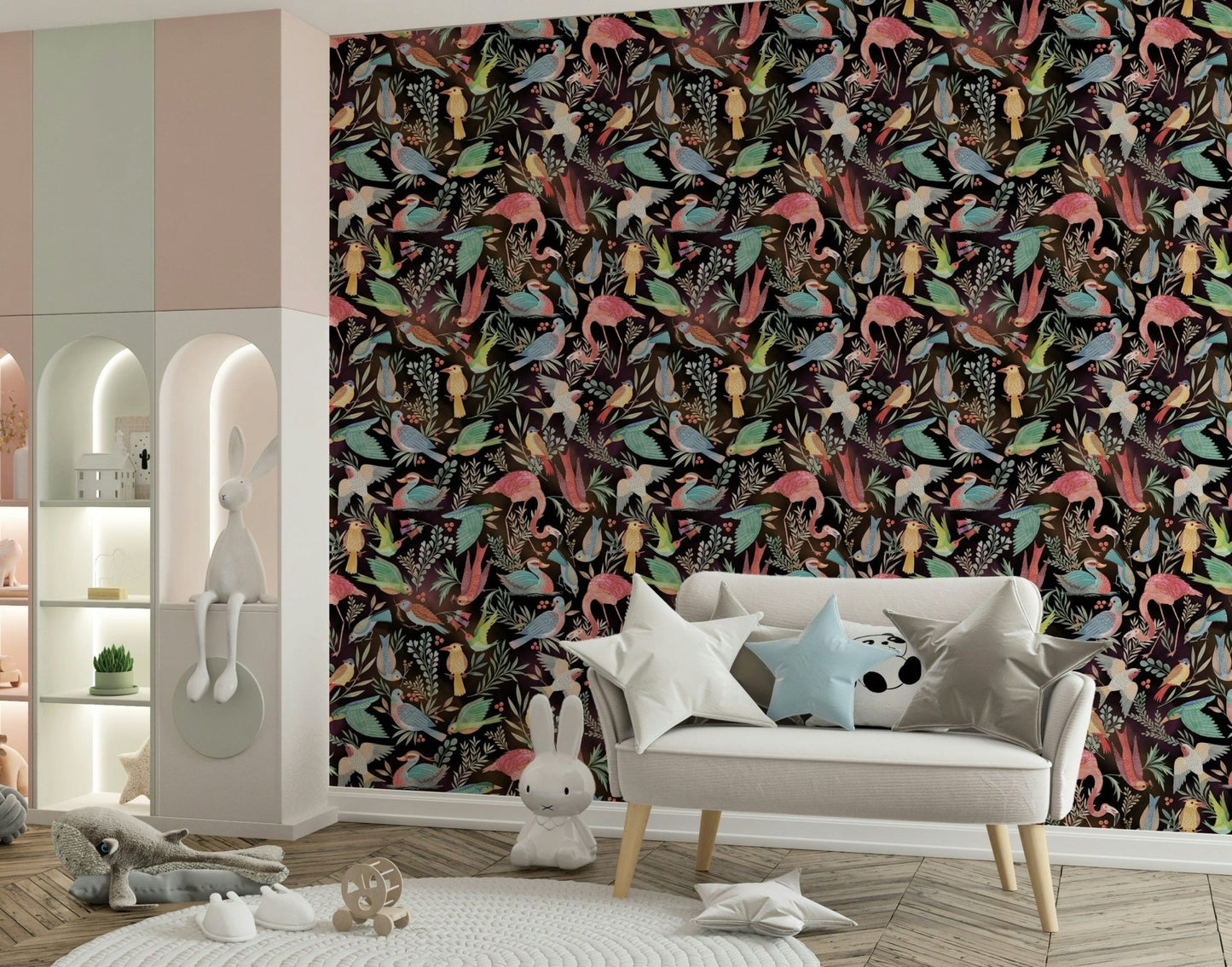Dream Dark Birdwatcher's wallpaper of colorful birds in a playroom with a grey star-cushion loveseat and bunny