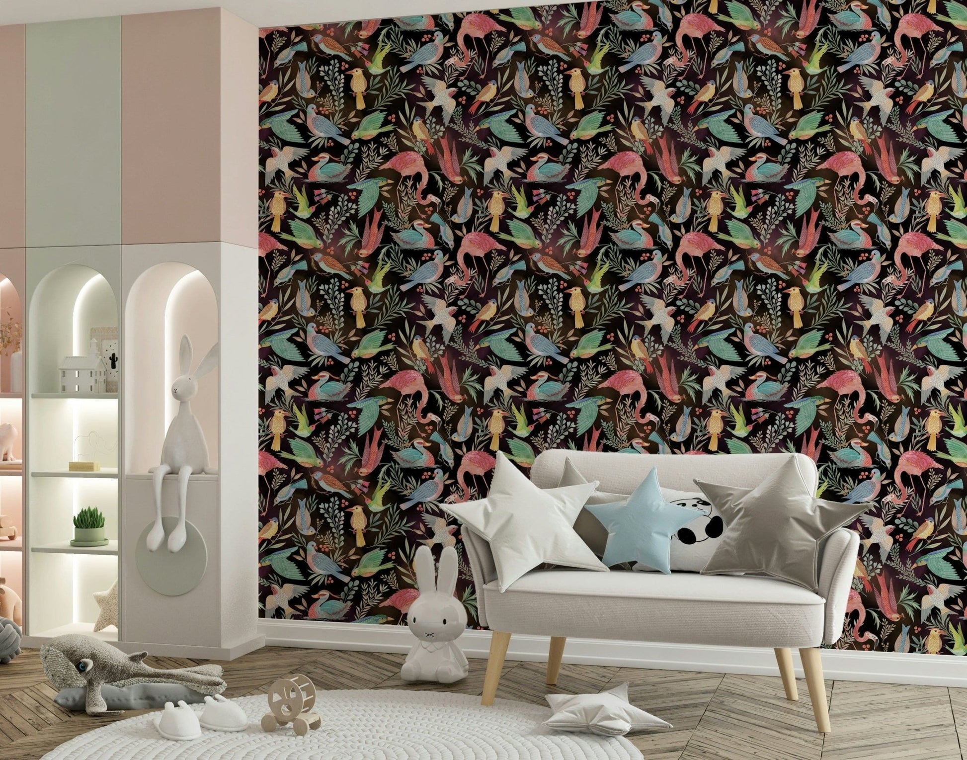Dream Dark Birdwatcher's wallpaper of colorful birds in a playroom with a grey star-cushion loveseat and bunny