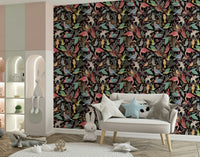 Dream Dark Birdwatcher's wallpaper of colorful birds in a playroom with a grey star-cushion loveseat and bunny