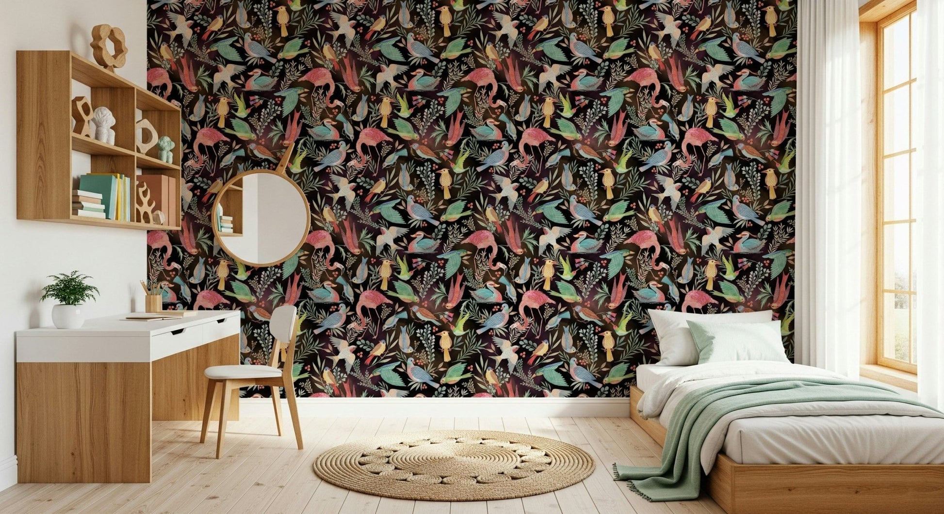Dream Dark Birdwatcher's wallpaper of dark floral birds behind a wood desk and green-throw bed in a bedroom