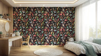 Dream Dark Birdwatcher's wallpaper of colorful birds on black behind a white desk and green-bedded bedroom