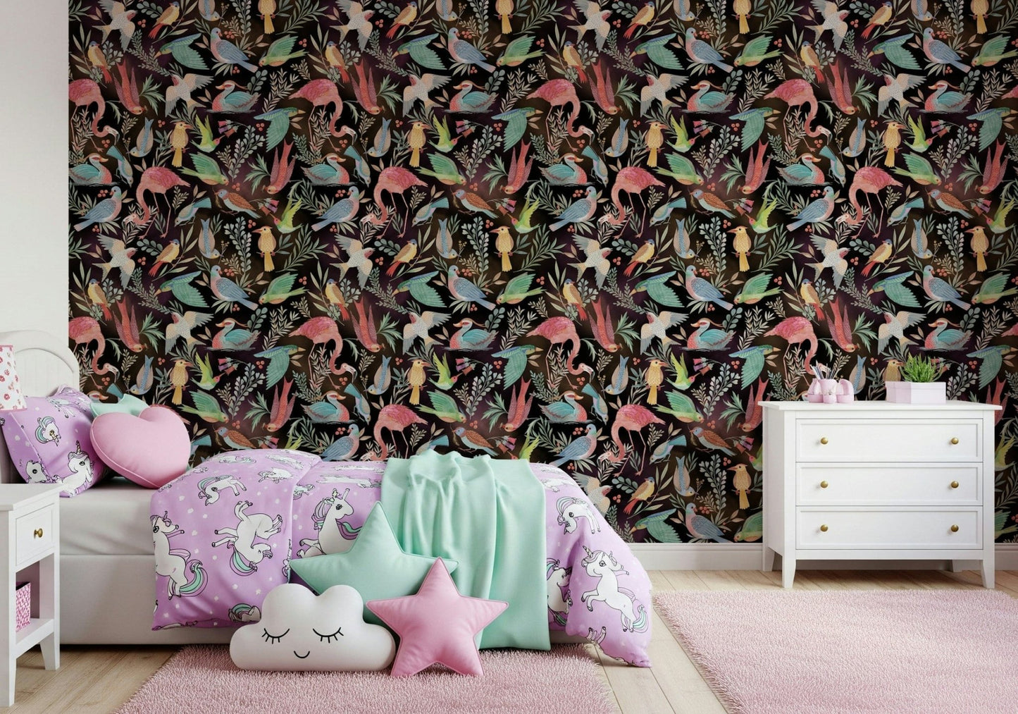 Dream Dark Birdwatcher's wallpaper of colorful birds behind a purple unicorn-bedded girls room with a dresser