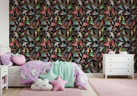 Dream Dark Birdwatcher's wallpaper of colorful birds behind a purple unicorn-bedded girls room with a dresser