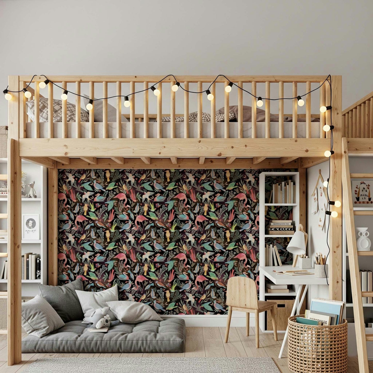 Dream Dark Birdwatcher's wallpaper of birds on black under a wood loft bed with string lights and grey sofa