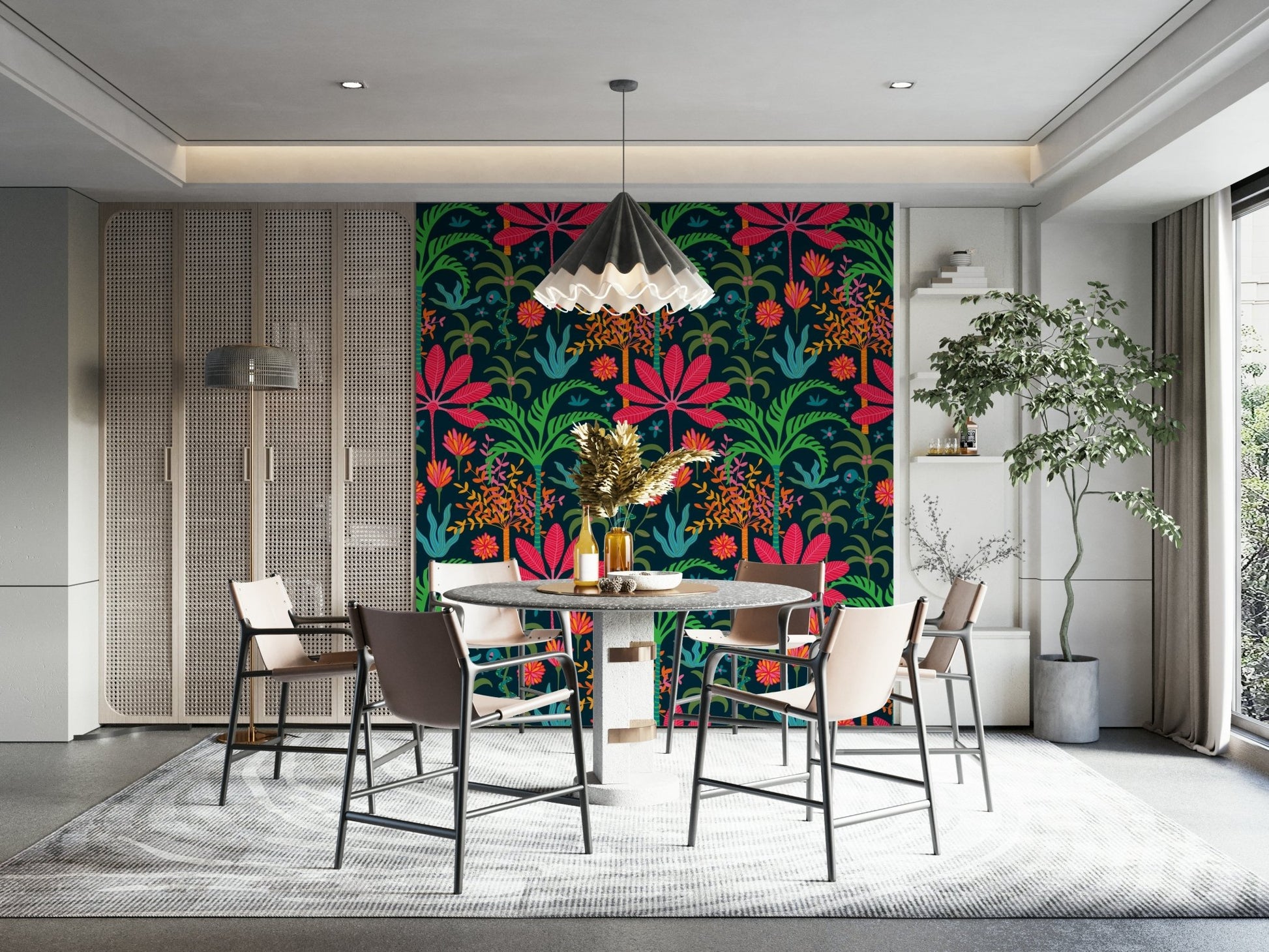 The image shows an artistic impression of a serene tropical jungle scene.

