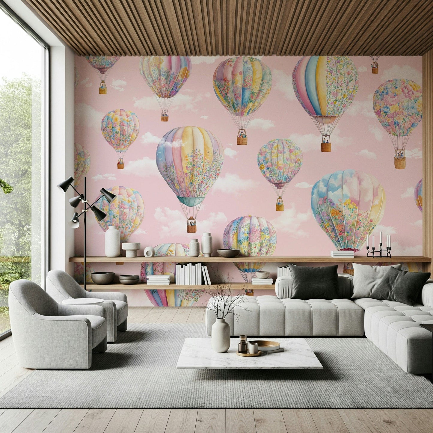 Fantasy-inspired balloon voyage mural perfect for nurseries, playrooms, or creative interiors.