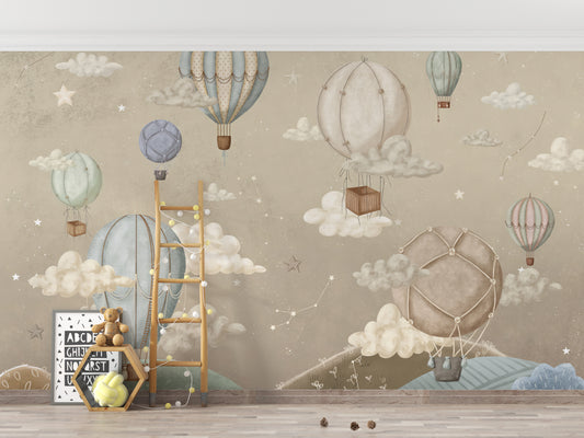 Dreamy balloon adventure mural with stars