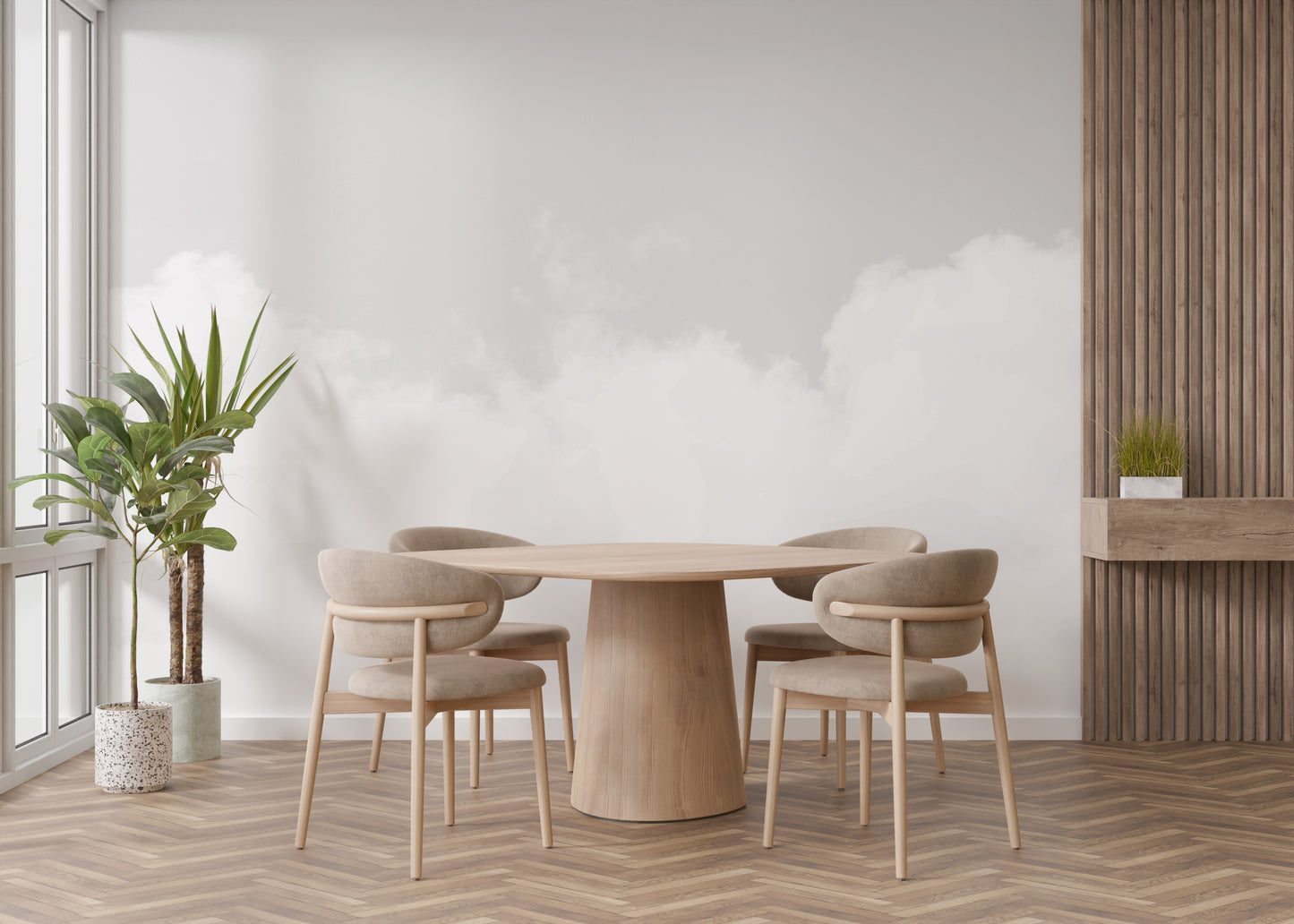 Living room sofa set against a peaceful Cloud Dancer wallpaper background.