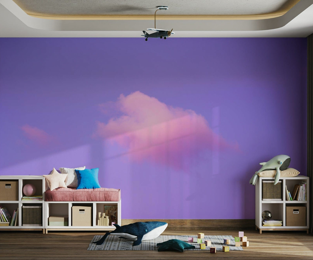A living room featuring the cloud wall mural.

