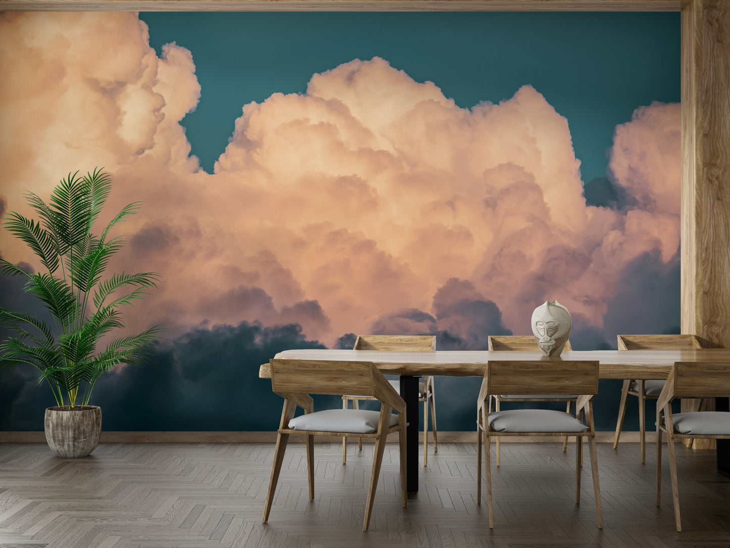 A high-angle view of the wall mural in a large space.