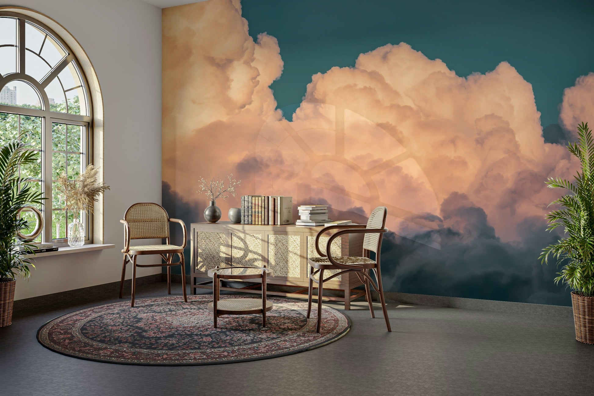 The wallpaper is used as a feature wall in a bedroom.