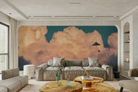 A detail shot of the elegant lines in the wallpaper.