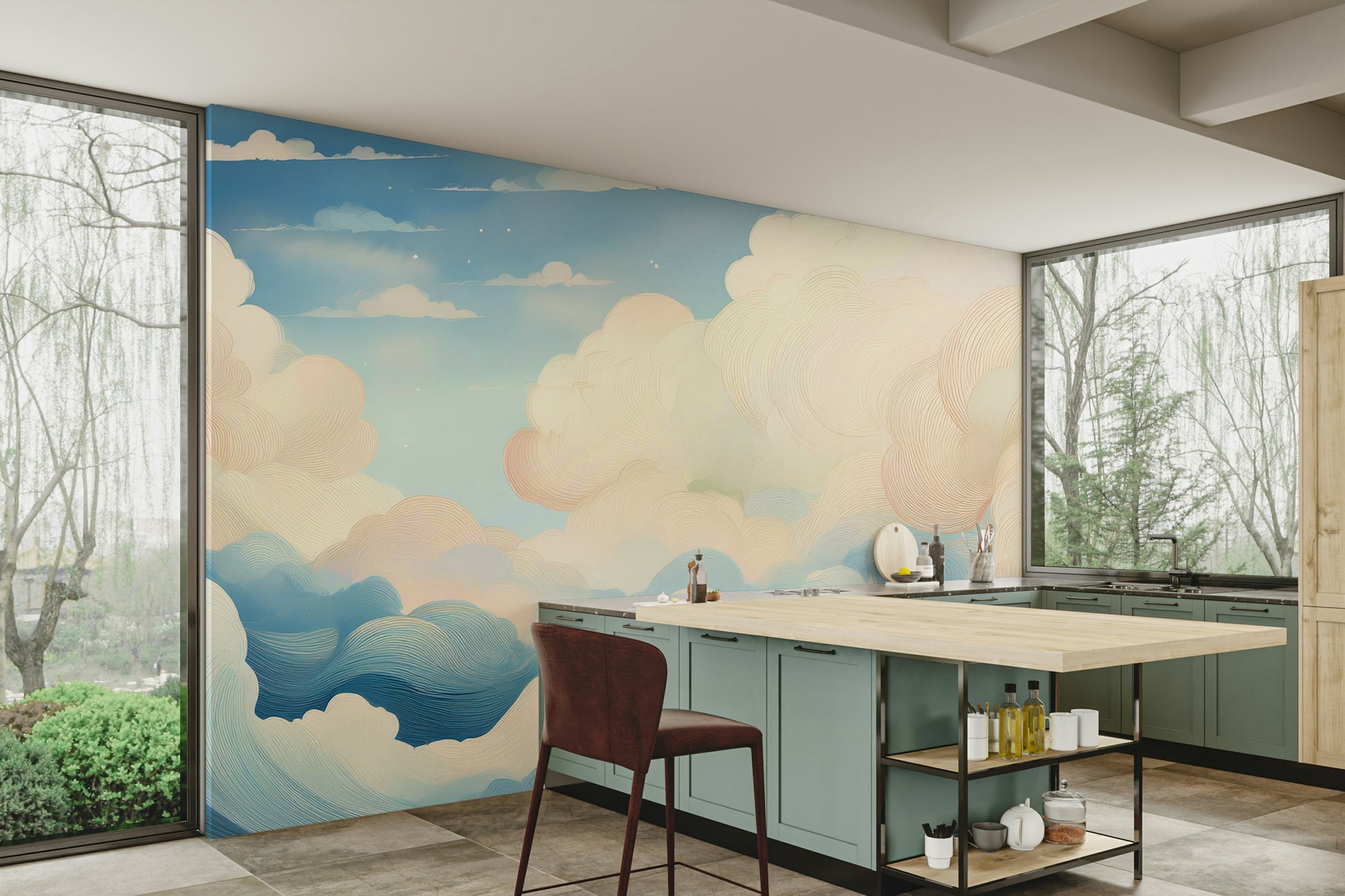 Neutral colour cloud mural for a modern living space layout.