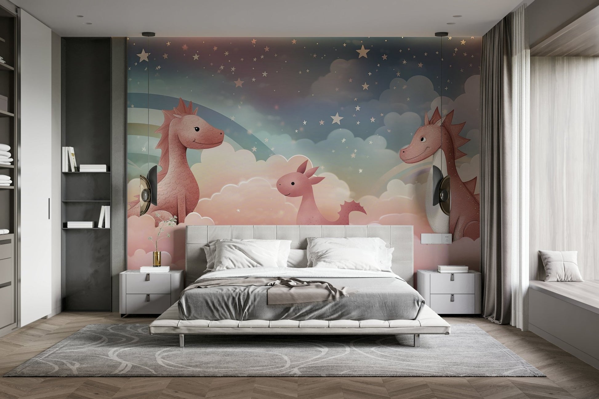 The colors are soft, muted tones of peach, lavender, and blue.

