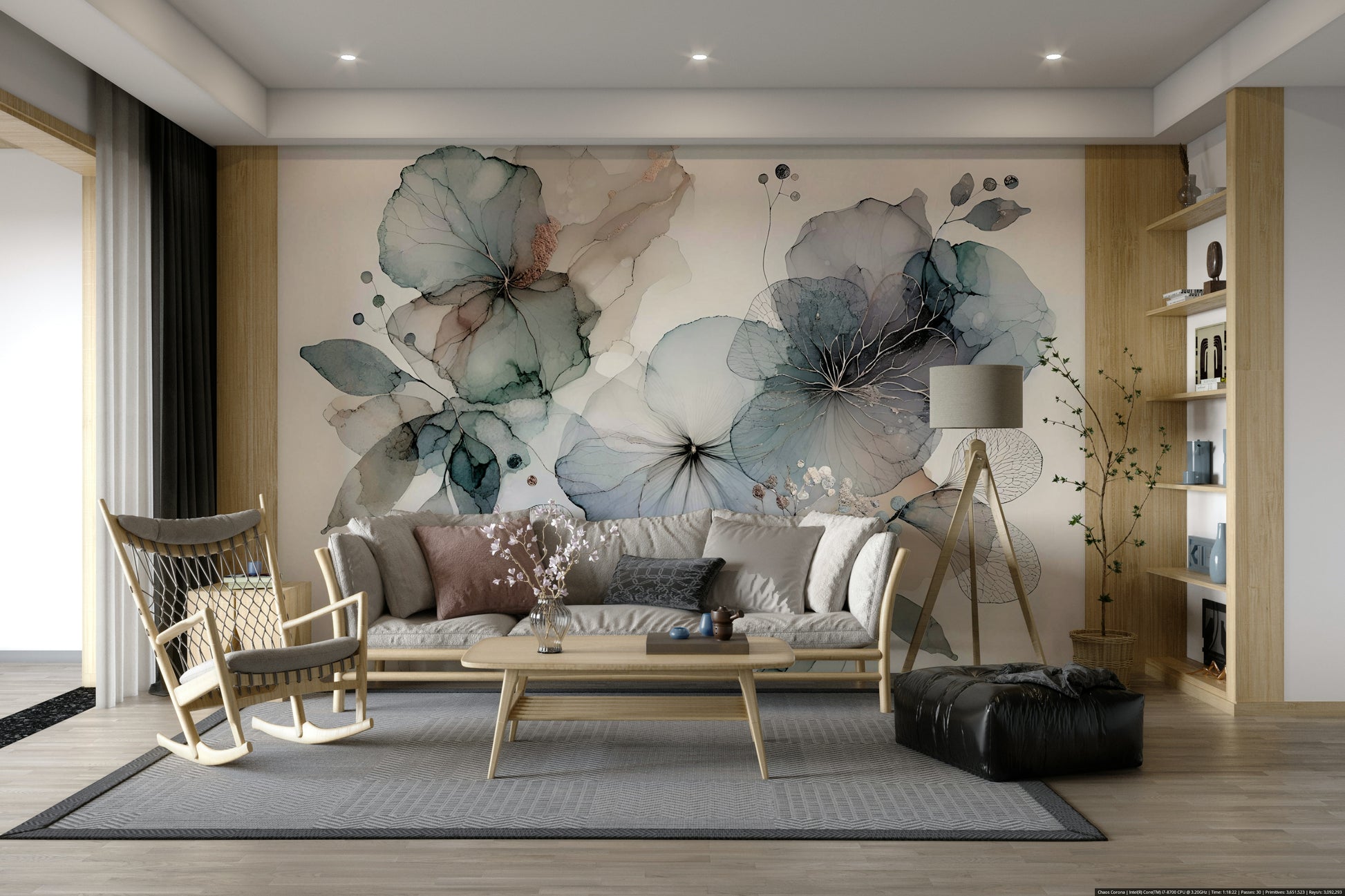 Artistic floral illustration in a contemporary studio apartment.