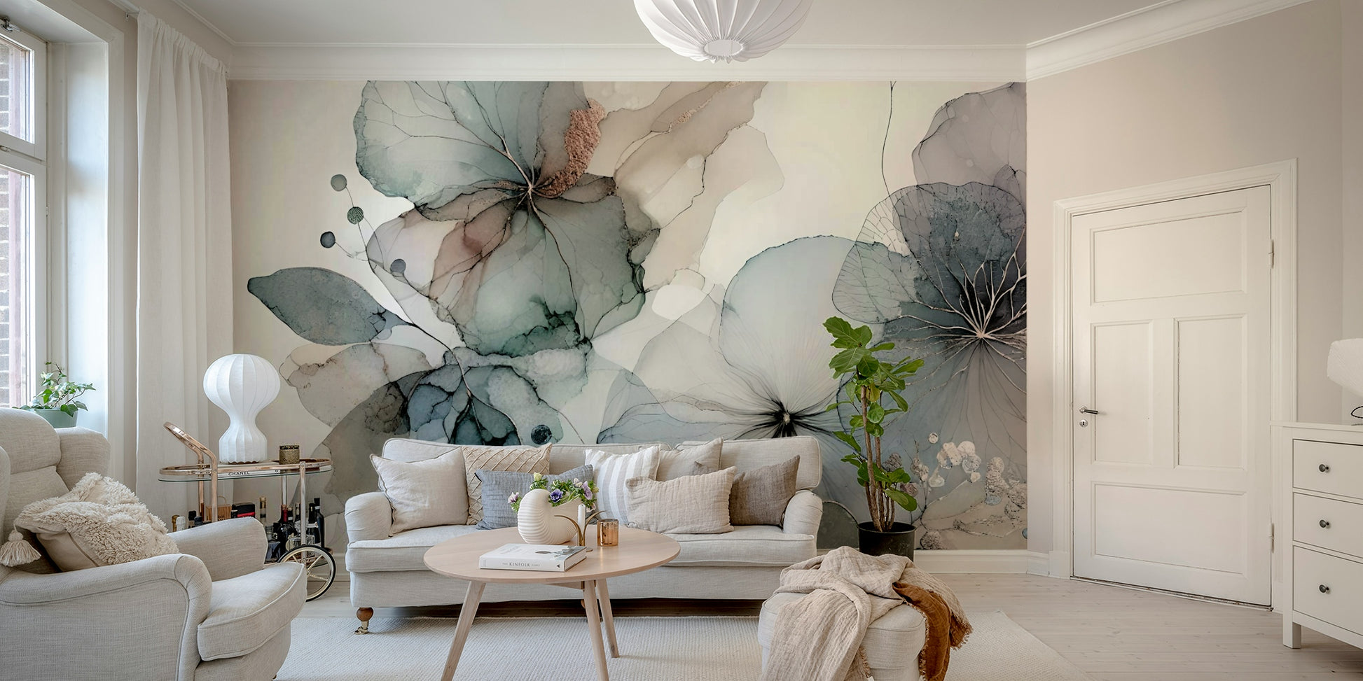 Close up of Dreamy Florals Wall Mural with pink and cream petals.