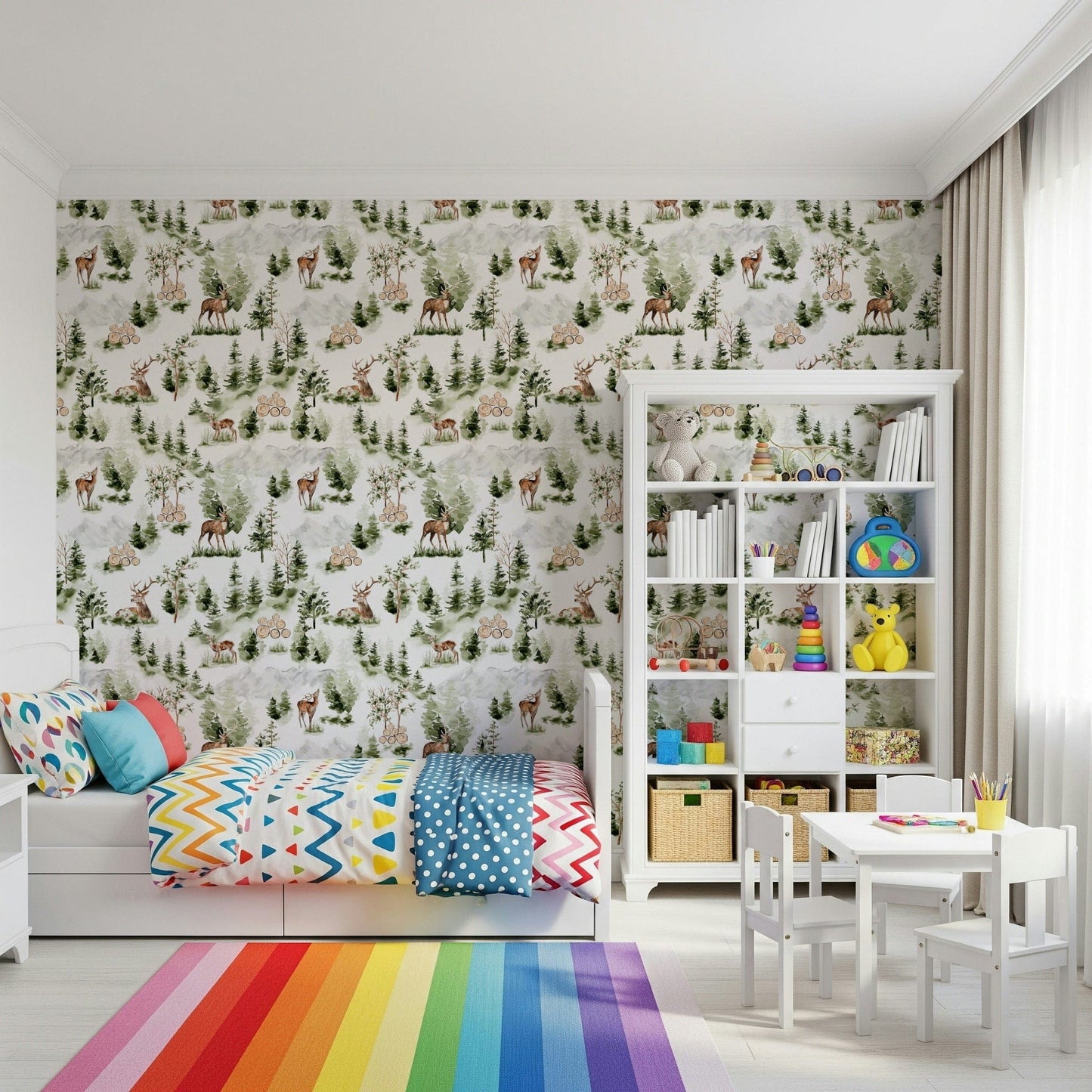 Forest Dreamscape wallpaper print of trees and mountain range.