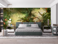 Dreamy Forest wallpaper mural styled along a hallway feature wall near a console in green tones