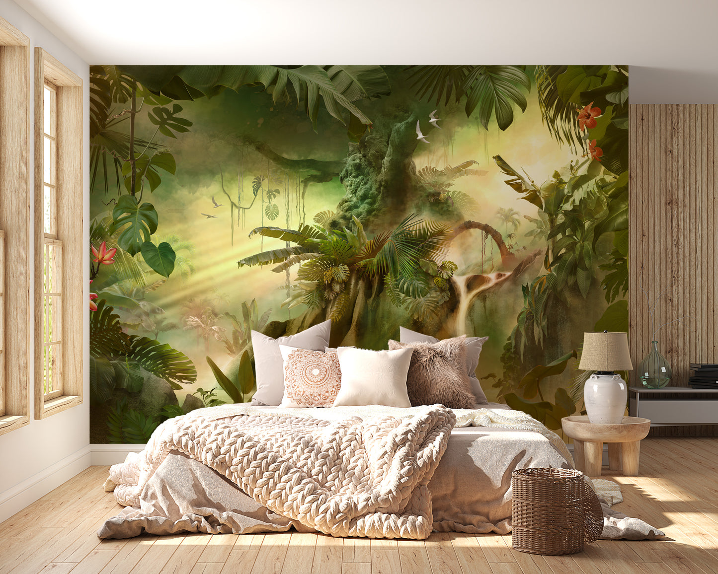 Dreamy Forest wallpaper mural as a feature wall in a home office workspace in green tones