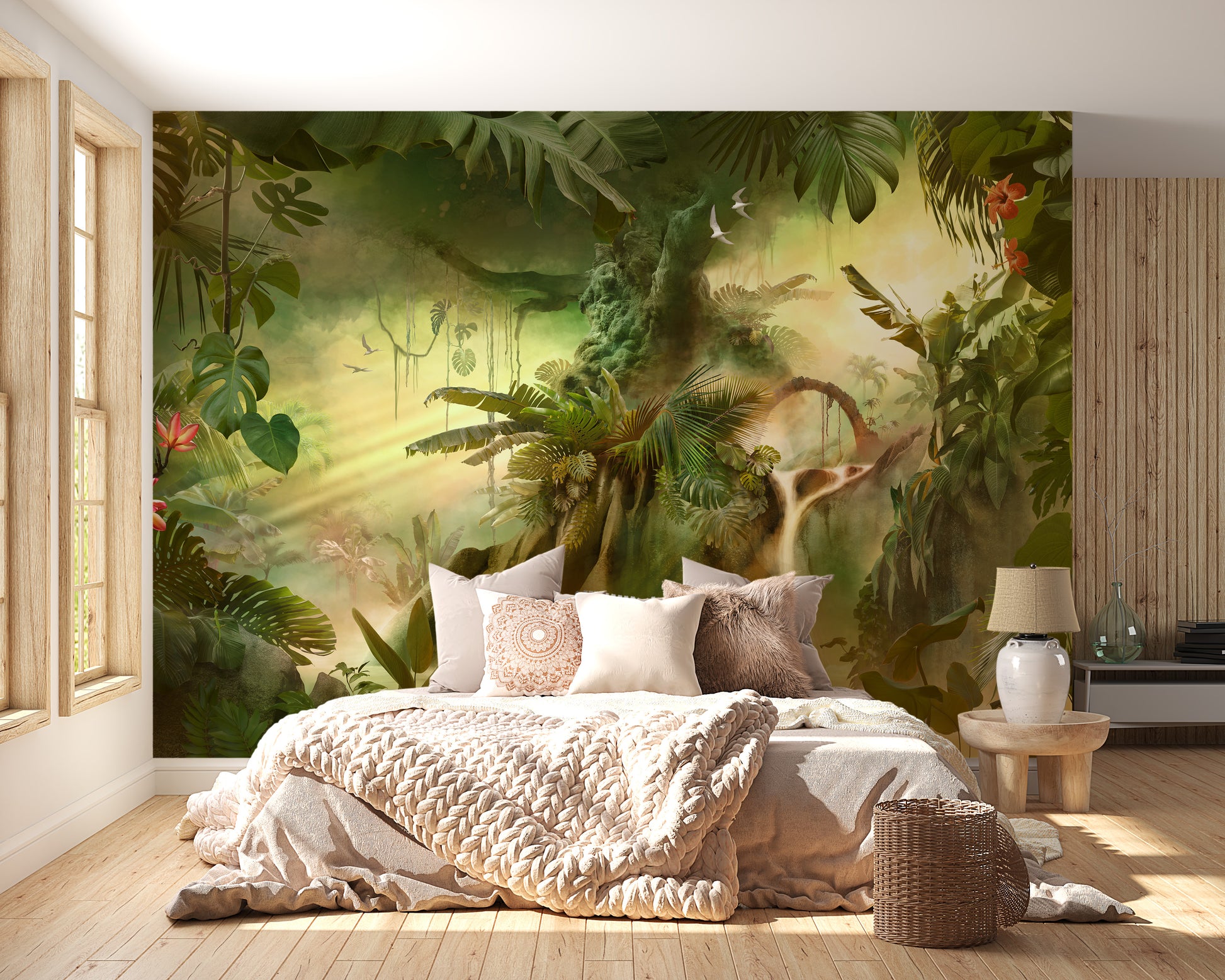 Dreamy Forest wallpaper mural as a feature wall in a home office workspace in green tones