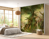 Dreamy Forest wallpaper mural styled as a feature wall behind a dining table and chairs in green tones