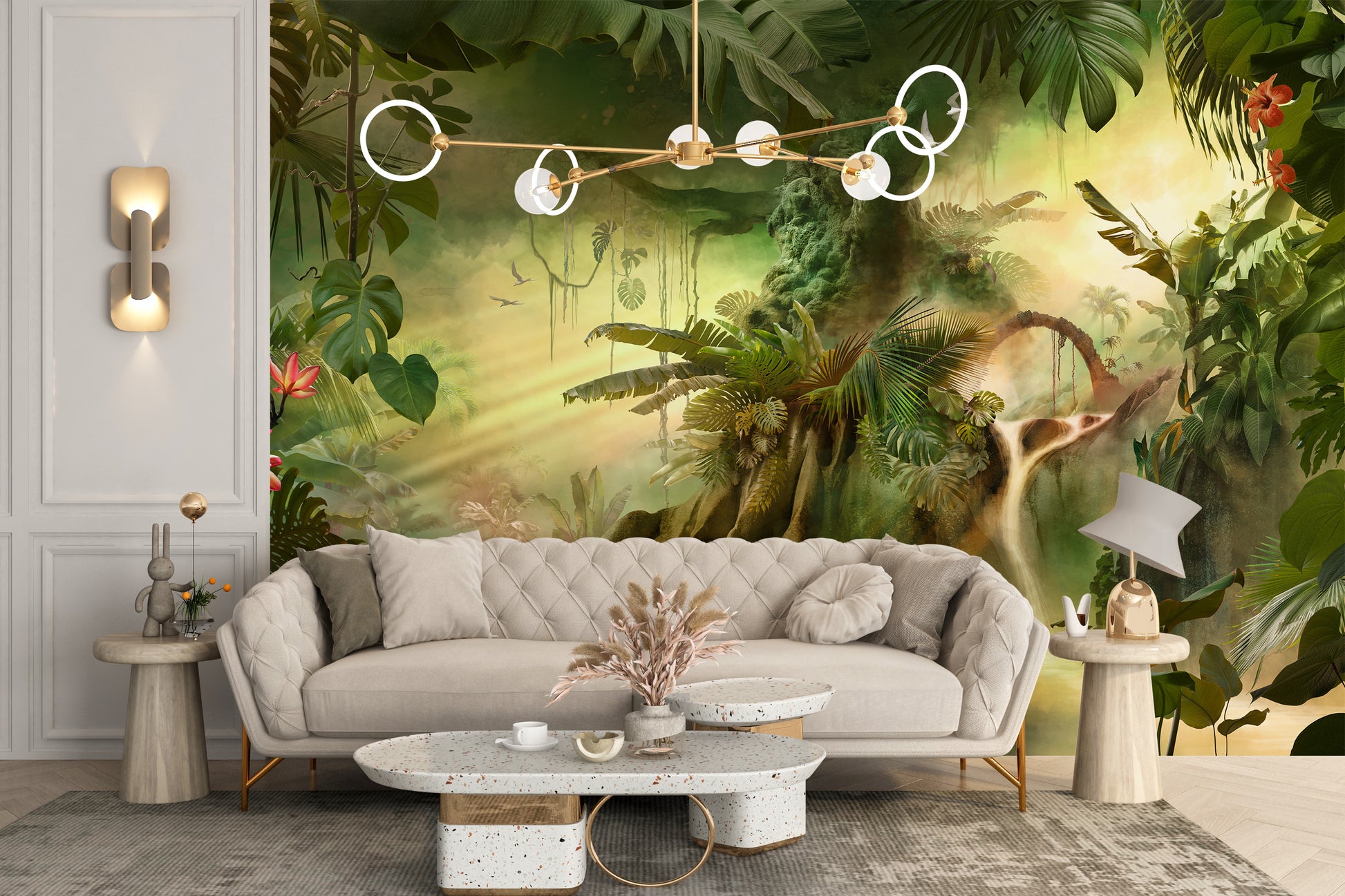 Dreamy Forest wallpaper mural as a bedroom feature wall behind the headboard in green tones