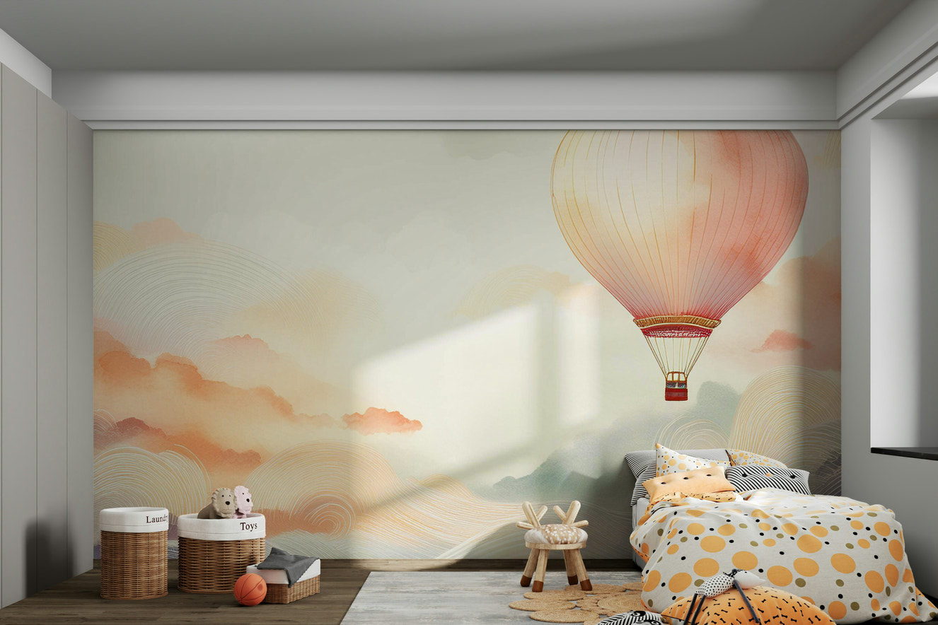 Dreamy Balloon Journey Wall Mural in an open plan living space.