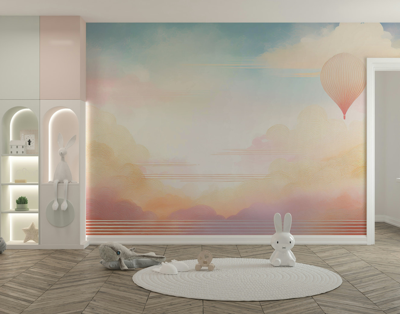 Dreamy Sky Adventure Wall Mural in a modern nursery with a white crib.