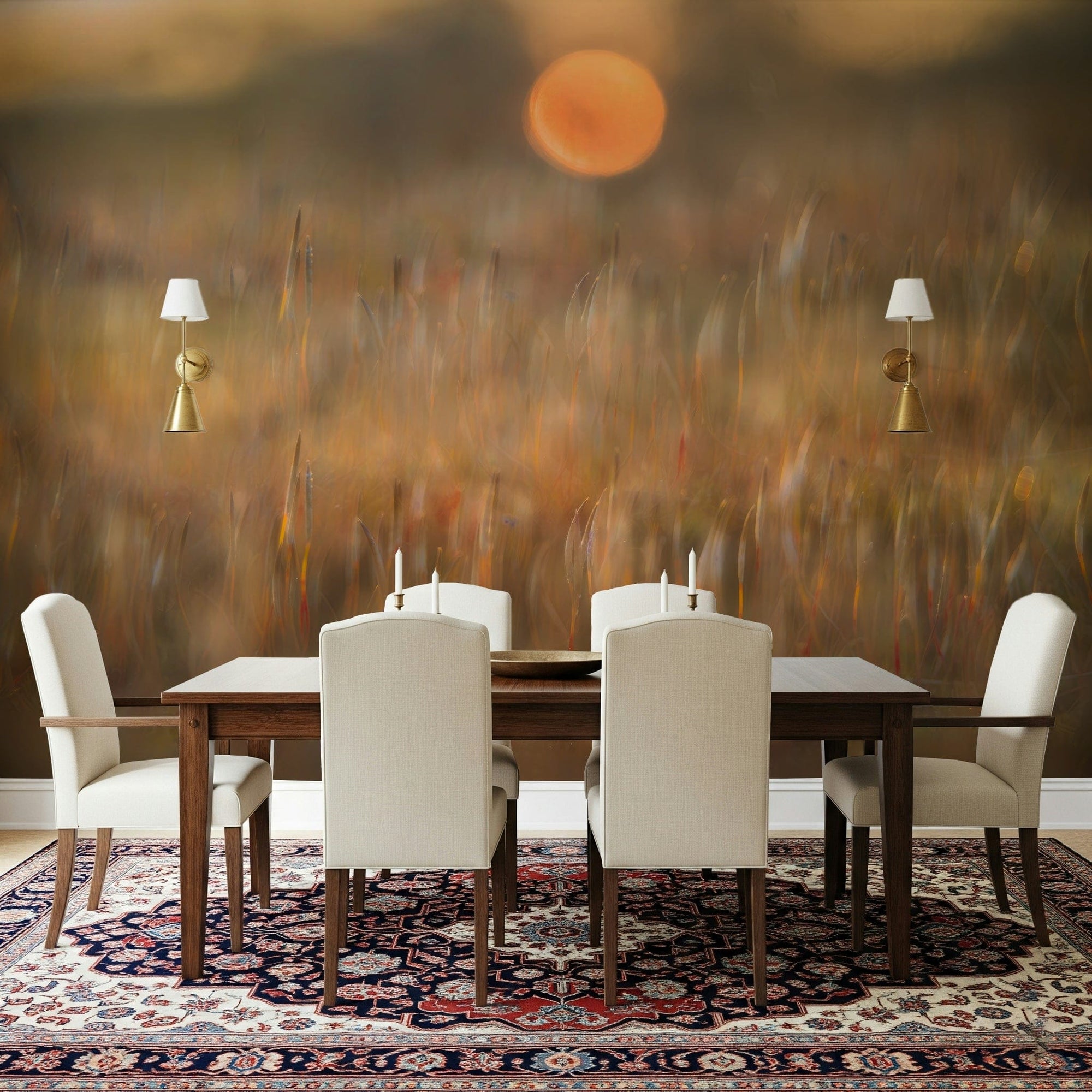 Solar Meadow Dreamscape mural of a glowing sun over golden grass behind a wood dining table on a Persian rug
