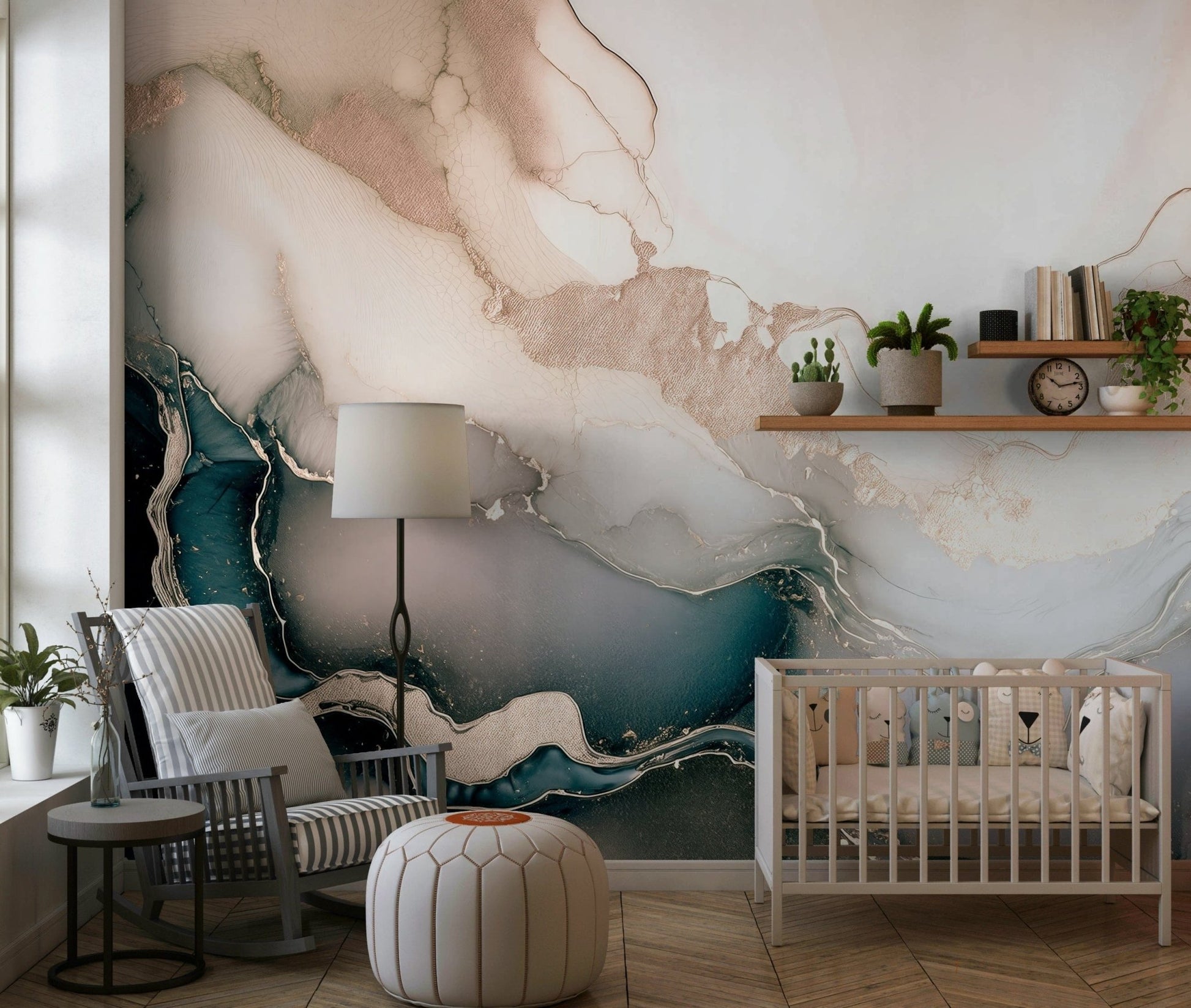 Rose gold marble mural with layered mineral artistry creating a luxurious, modern aesthetic.