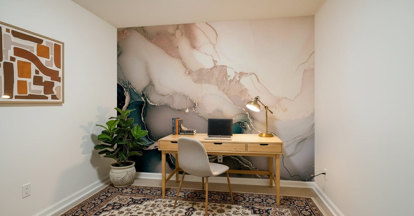 Luxury marble-inspired mural blending dreamy mineral layers and warm rose gold highlights.
