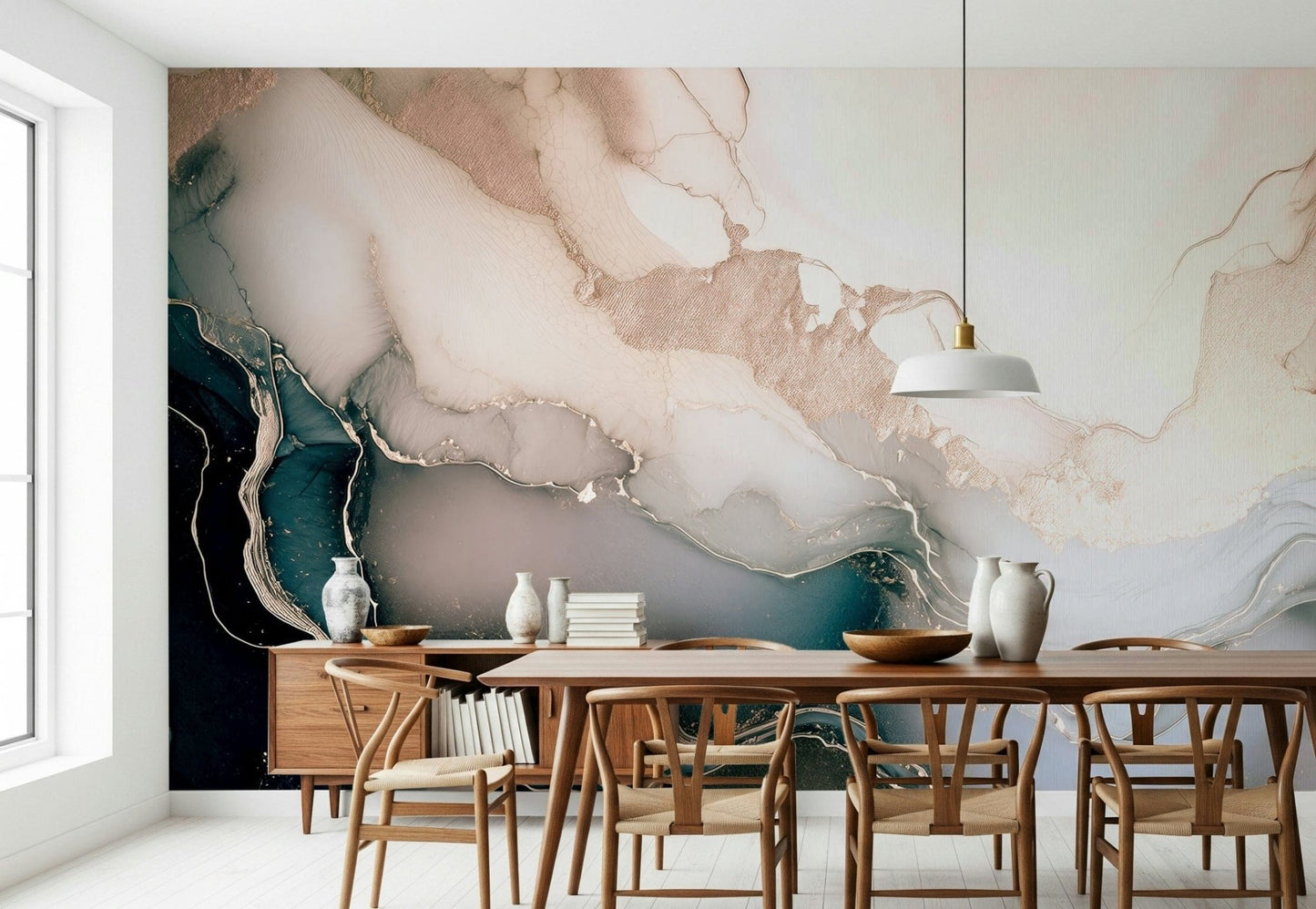 Dreamy Mineral Layers Rose Gold mural bringing warmth and glamour through soft metallic marble tones.