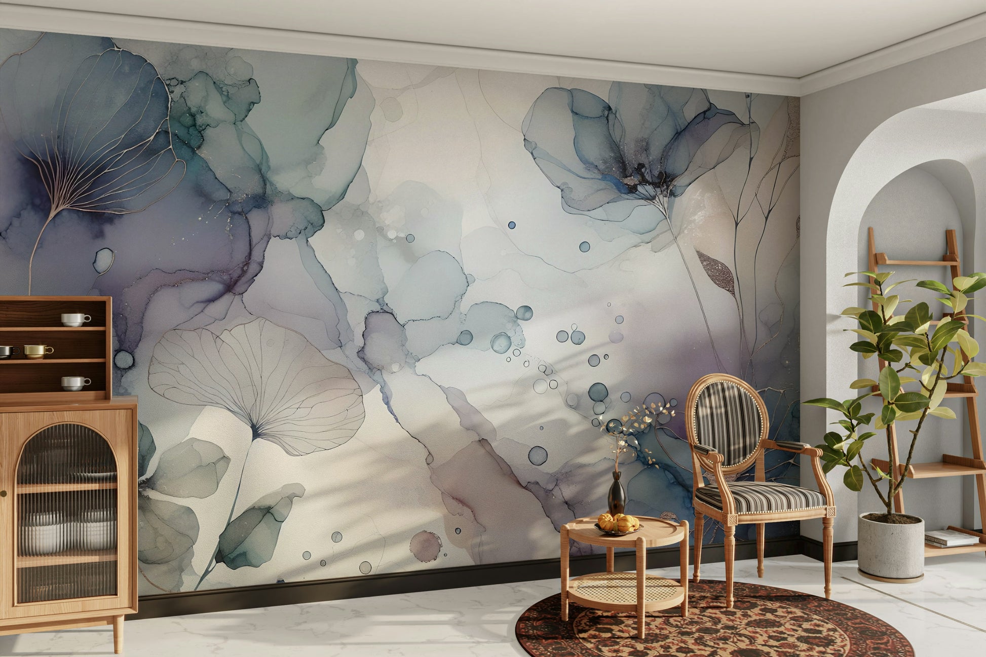 Matte finish mural with soft floral textures and layered petals.