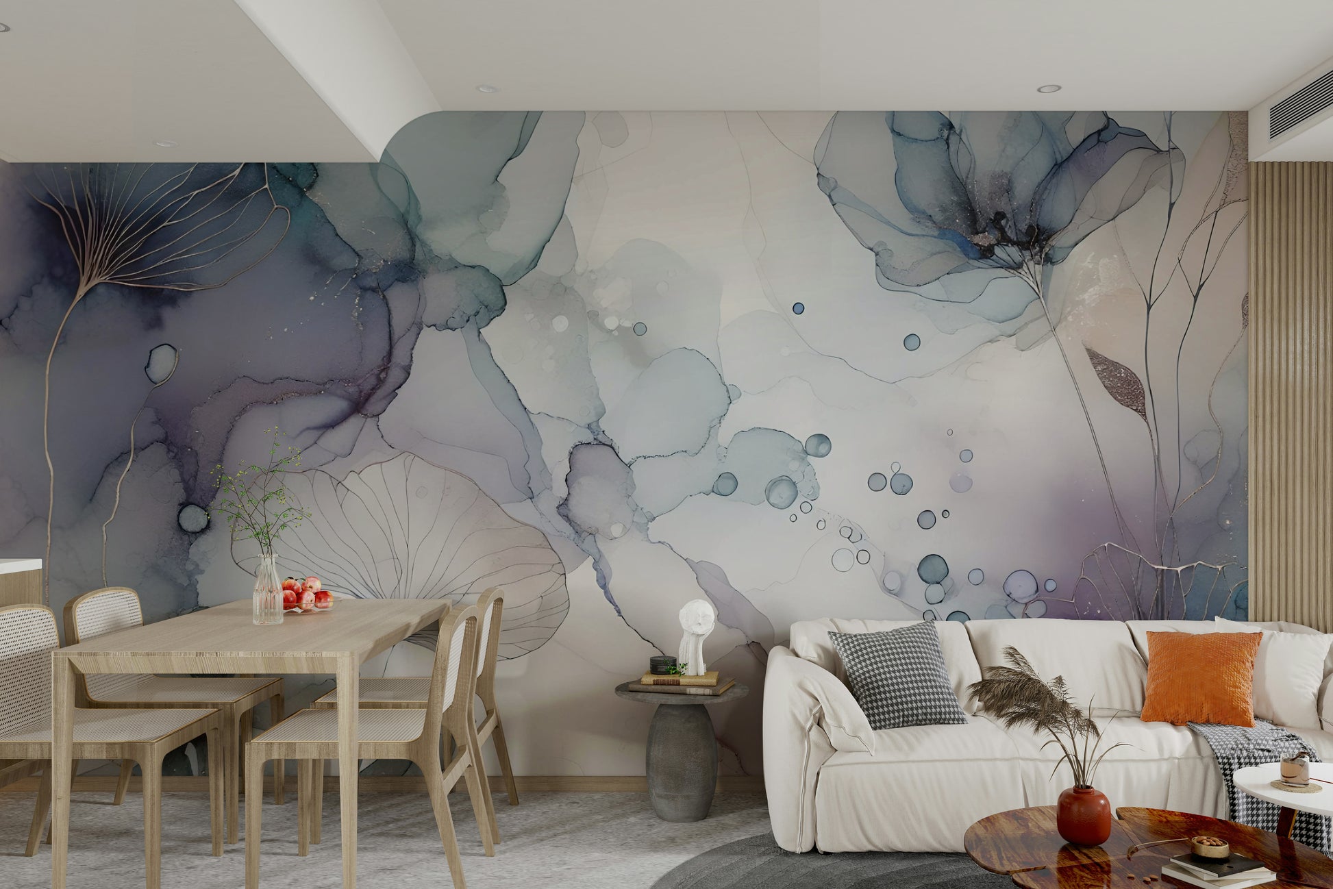 Neutral color botanical graphics for a sophisticated guest suite.
