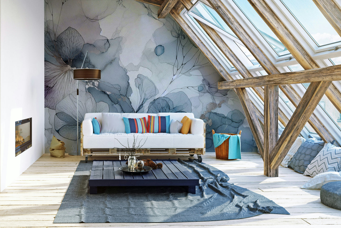 Soft pink and cream floral mural in a bright apartment living room.